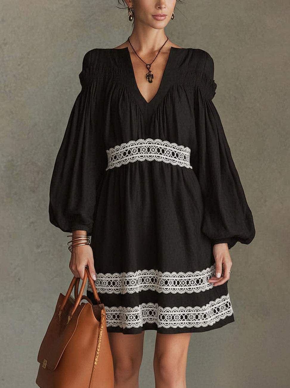 Black Puff-Sleeve Mini Dress With White Crochet Lace Trim