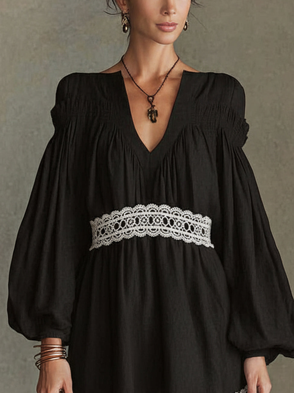 Black Puff-Sleeve Mini Dress With White Crochet Lace Trim