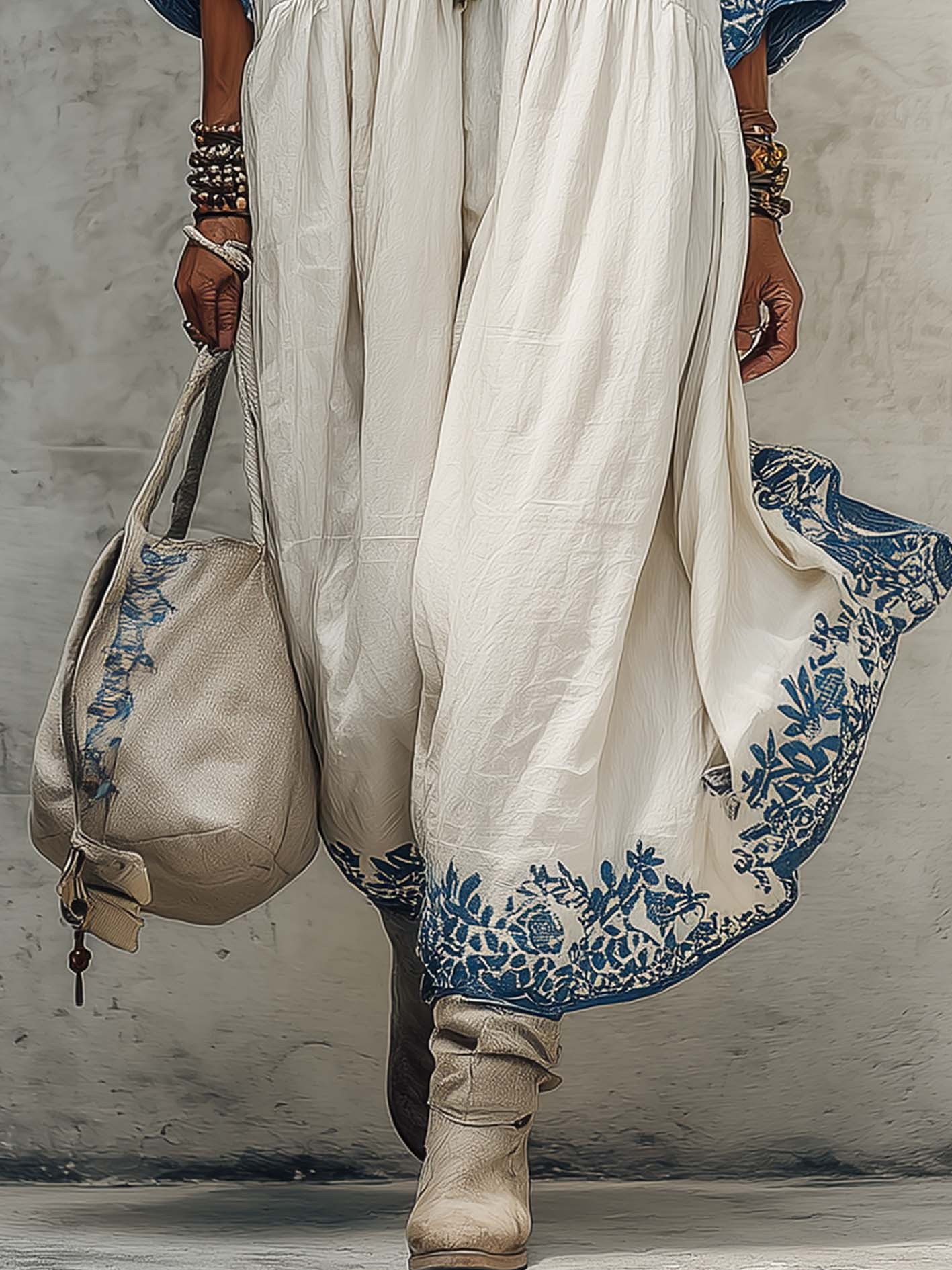 White Cotton Linen Maxi Dress With Exquisite Blue Embroidered Floral