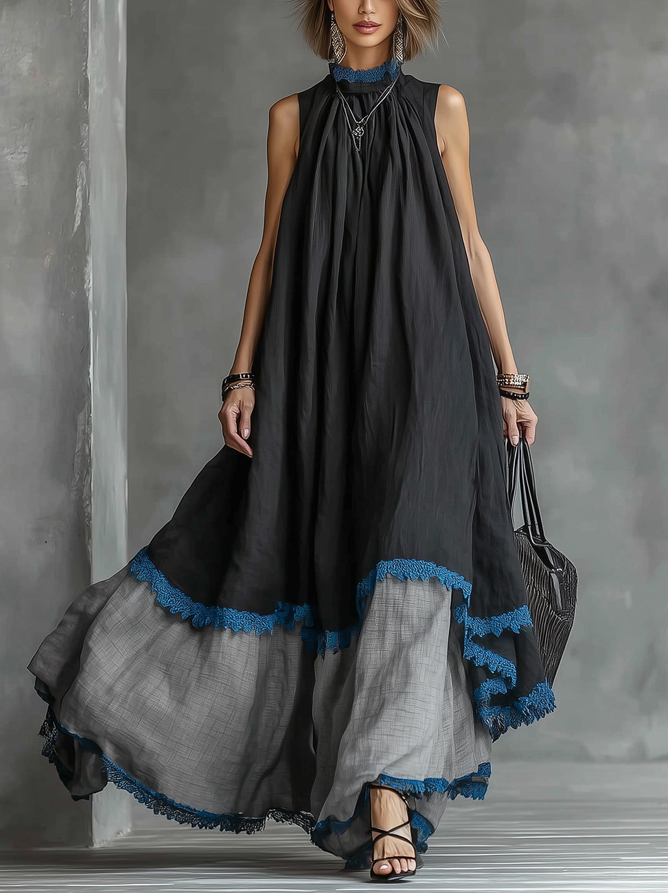 Black And Gray Layered Halter Maxi Dress With Blue Lace Trim