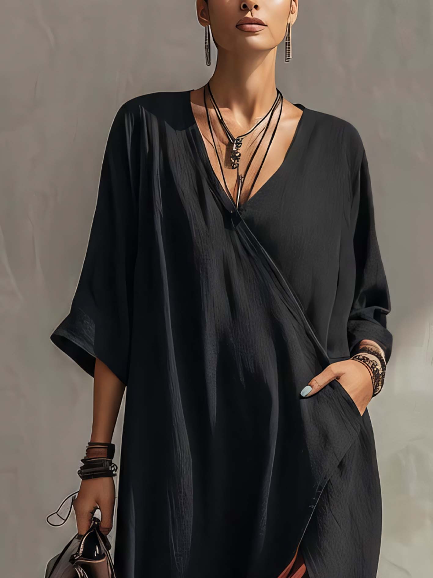 Black Cotton Linen Maxi Dress With Wine Red Chiffon Patchwork