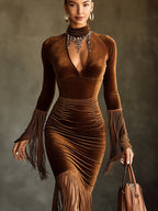 Brown Velvet Turtleneck Cutout Fringe Long Sleeve Bodycon Dress