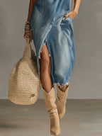 Blue Washed Denim Sleeveless High Neck Frayed Dress