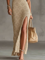 Beige Geometric Knit Sleeveless High-Slit Maxi Dress