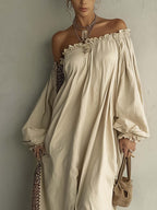 Beige Off Shoulder Cotton Linen Maxi Dress With Embroidered Trim