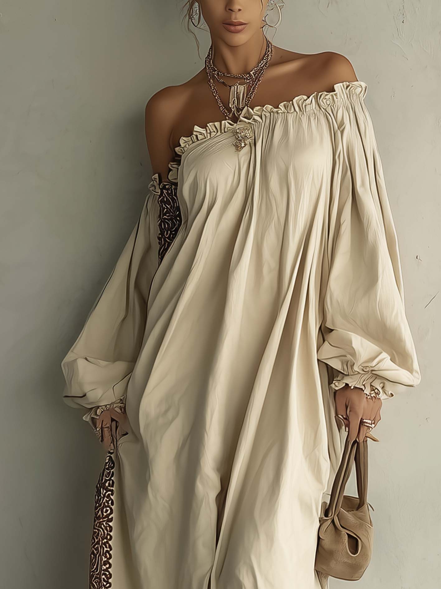Beige Off Shoulder Cotton Linen Maxi Dress With Embroidered Trim