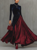 Blue Velvet And Burgundy Satin Color Block  Long Dress