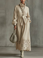 Beige Embroidered Cotton Linen Tie Waist Maxi Dress