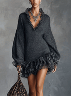 Gray Knit Mini Dress With Ruffled V-Neckline And Chiffon Hem