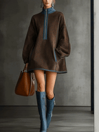 24-Hour-Shipping Brown Faux Suede Fleece High-Neck Zip-Up Oversized Mini Dress