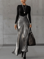 Black Round Neck Metallic Silver Pleated Maxi Dress