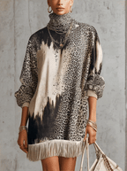 Gray Leopard Print Turtleneck Fringe Hem Faux Suede  Dress
