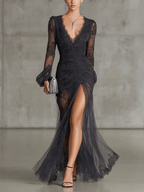 Black Lace Ruched Sheer Long Sleeve Slit Maxi Dress