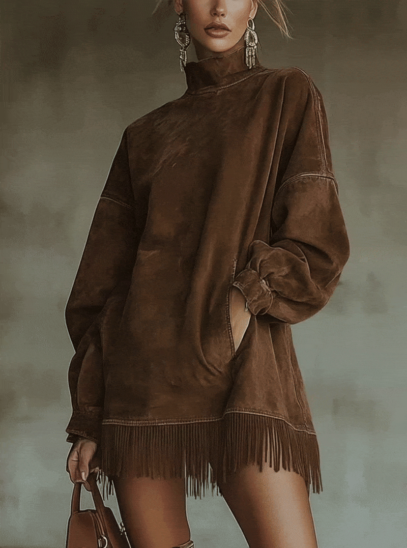 Brown Faux Suede Turtleneck Oversized Dress With Fringe Detail