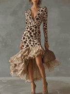 24-Hour-Shipping Leopard Print Ruffled High Low Midi Dress