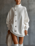 White Oversized Buttoned Turtleneck Sweater Dress
