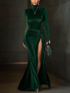 Emerald Green Velvet Mesh Sleeve High Slit Maxi Dress
