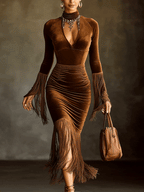 Brown Velvet Turtleneck Cutout Fringe Long Sleeve Bodycon Dress