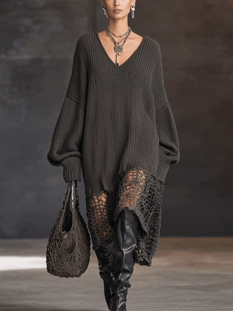 Charcoal Gray V-Neck Knit Mesh Long Sleeve Midi Dress
