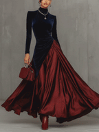 Blue Velvet And Burgundy Satin Color Block  Long Dress