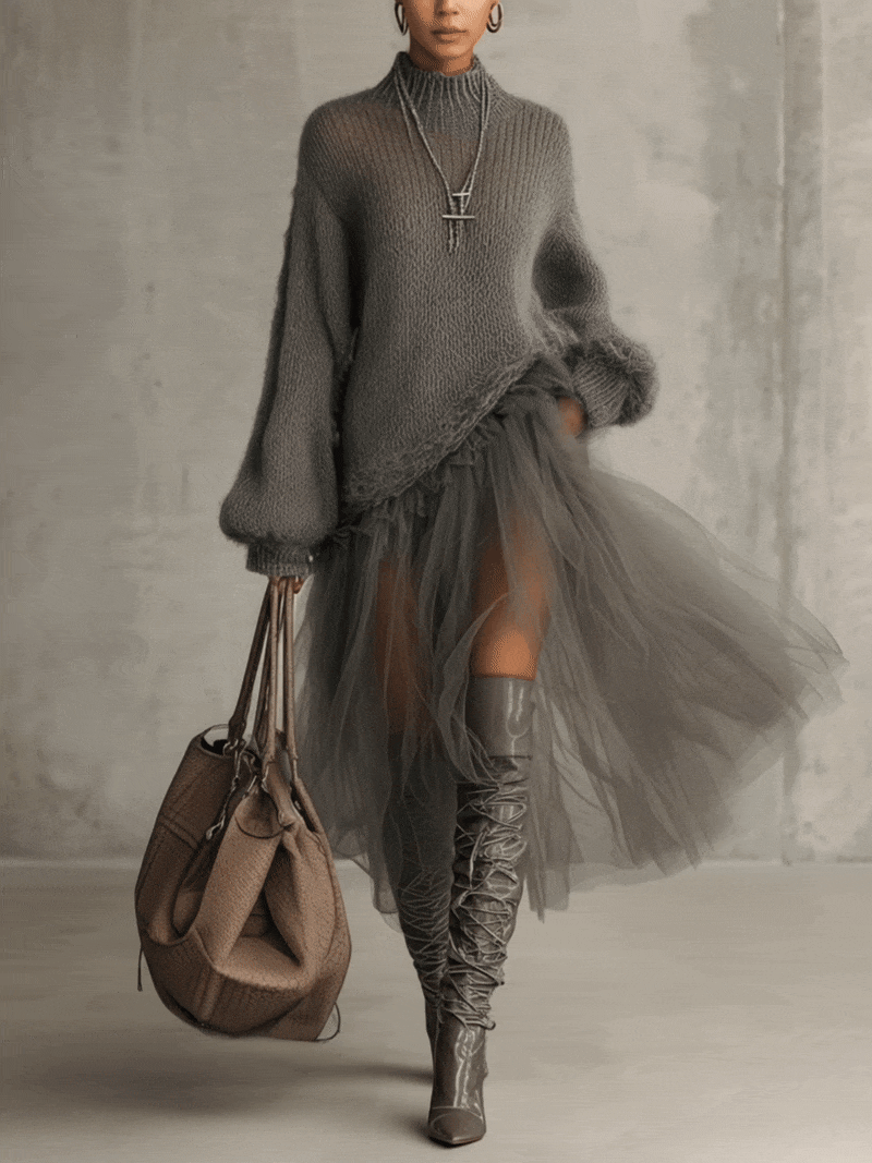 Gray Mohair And Tulle Panel Maxi Dress