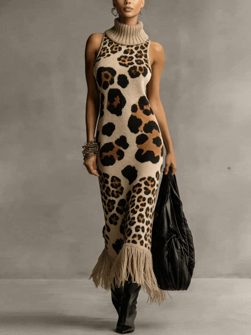 Brown Irregular Leopard Print Knitted Tassel Sleeveless Maxi Dress