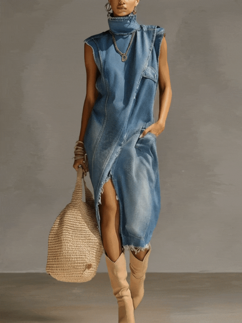 Blue Washed Denim Sleeveless High Neck Frayed Dress