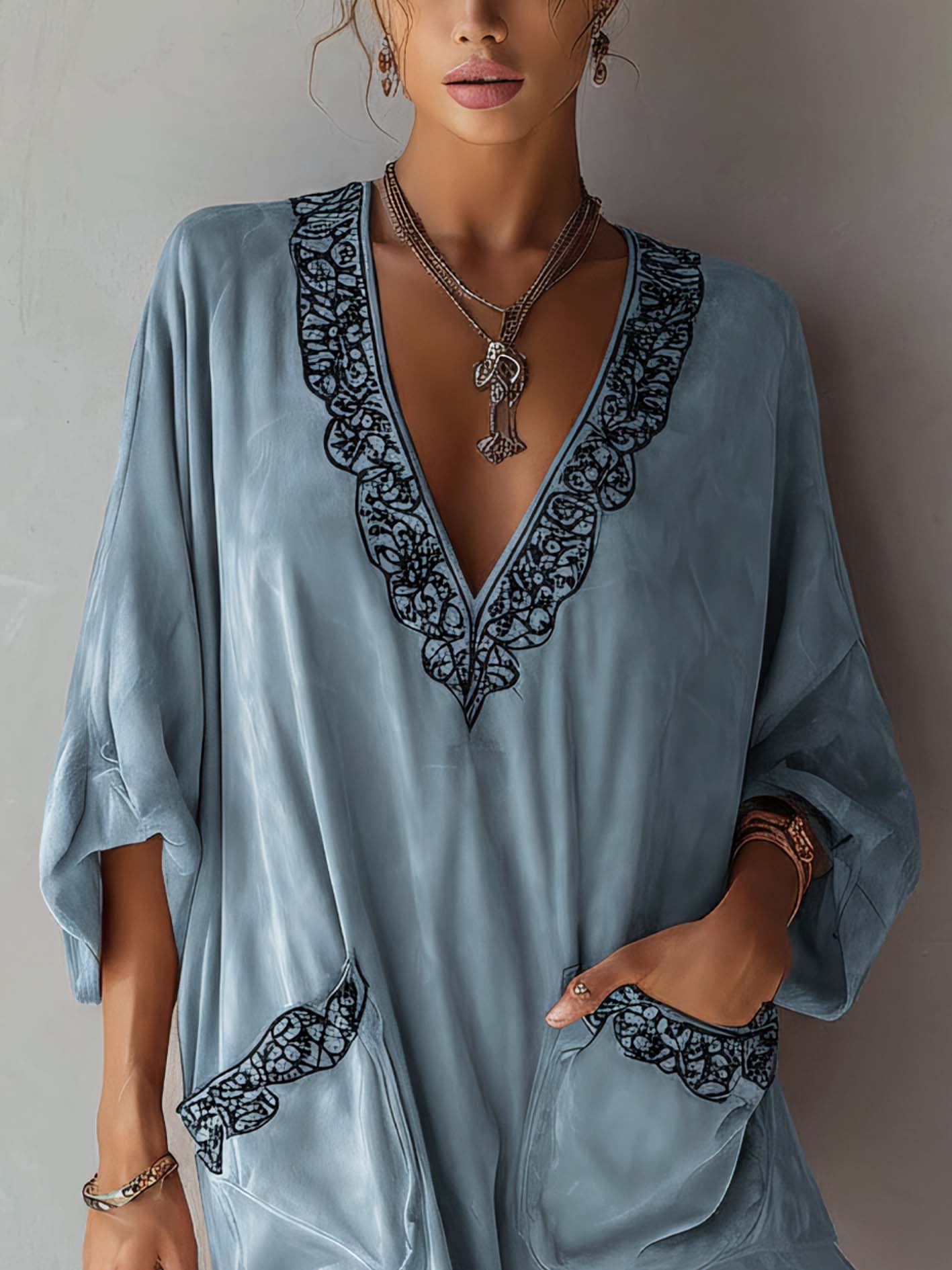 Light Blue Faux Suede Mini Dress With Vintage Embroidery Detailing