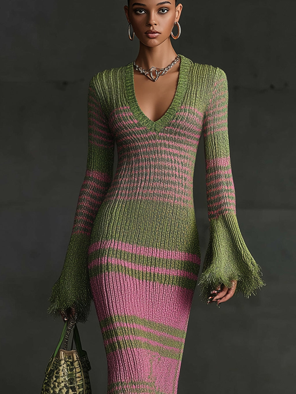 24-Hour-Shipping Olive Pink Ombre Knit Midi Dress