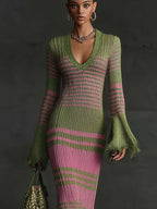 24-Hour-Shipping Olive Pink Ombre Knit Midi Dress