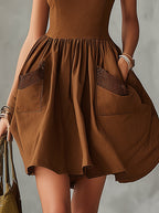 Brown Halter Neck Sleeveless Pocket Flare Mini Dress