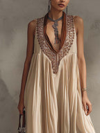 Beige Chiffon Maxi Dress With Brown Embroidered V-Neck