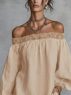 Beige Off-Shoulder Lace Trim Long Sleeve Linen Mini Dress