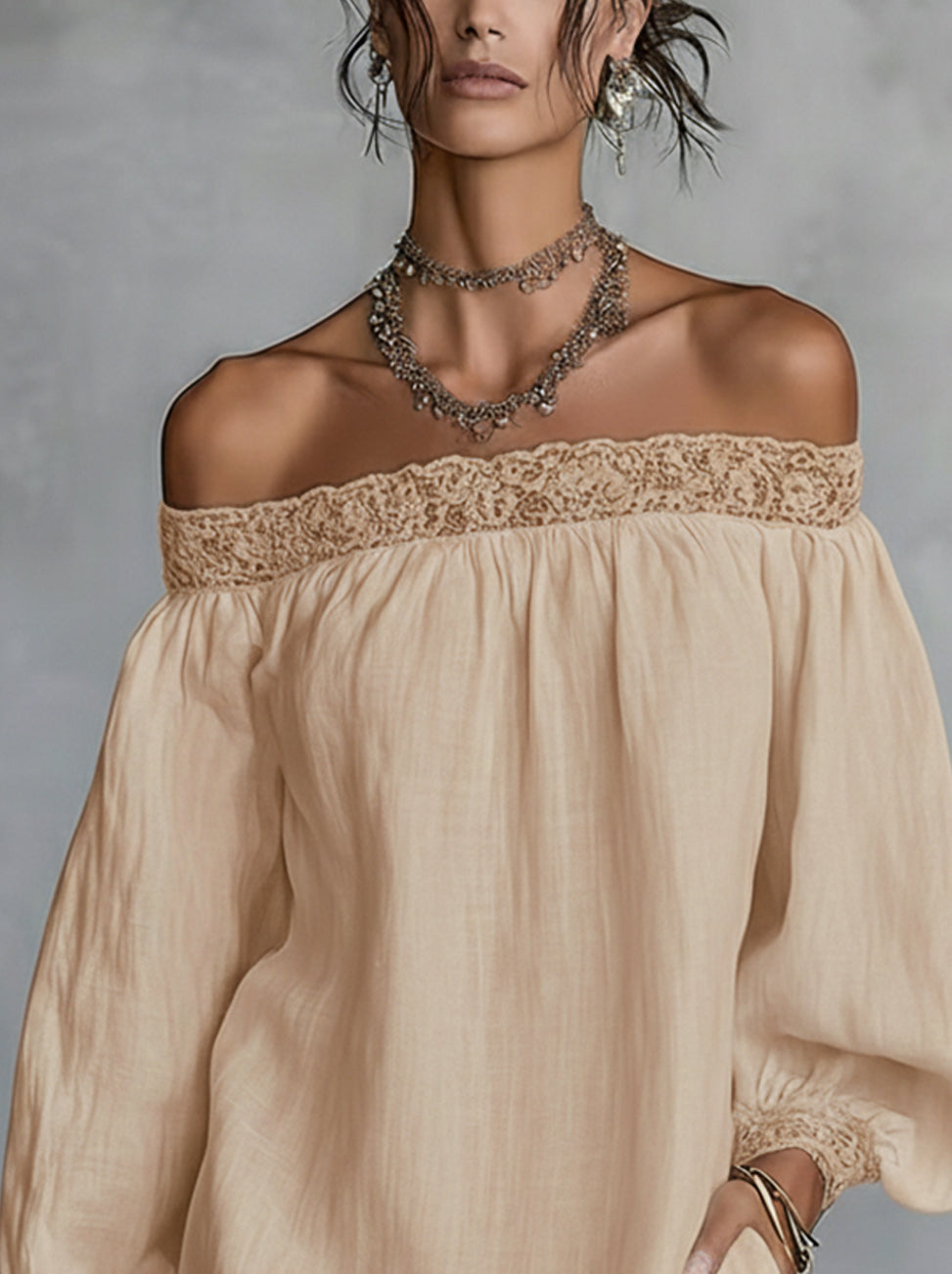 Beige Off-Shoulder Lace Trim Long Sleeve Linen Mini Dress