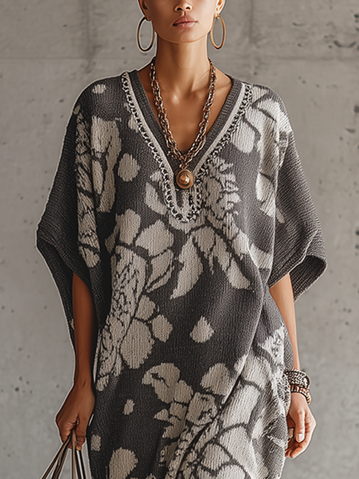 Gray Floral Knit V-Neck Oversized Midi Dress