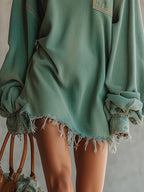 Green Denim Oversized Pocket Frayed Hem Mini Dress