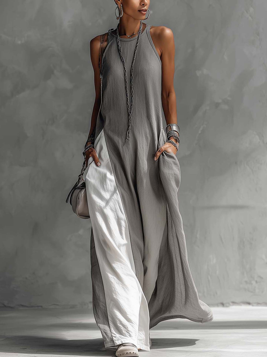 Color Block Gray Sleeveless Cotton Linen Maxi Dress