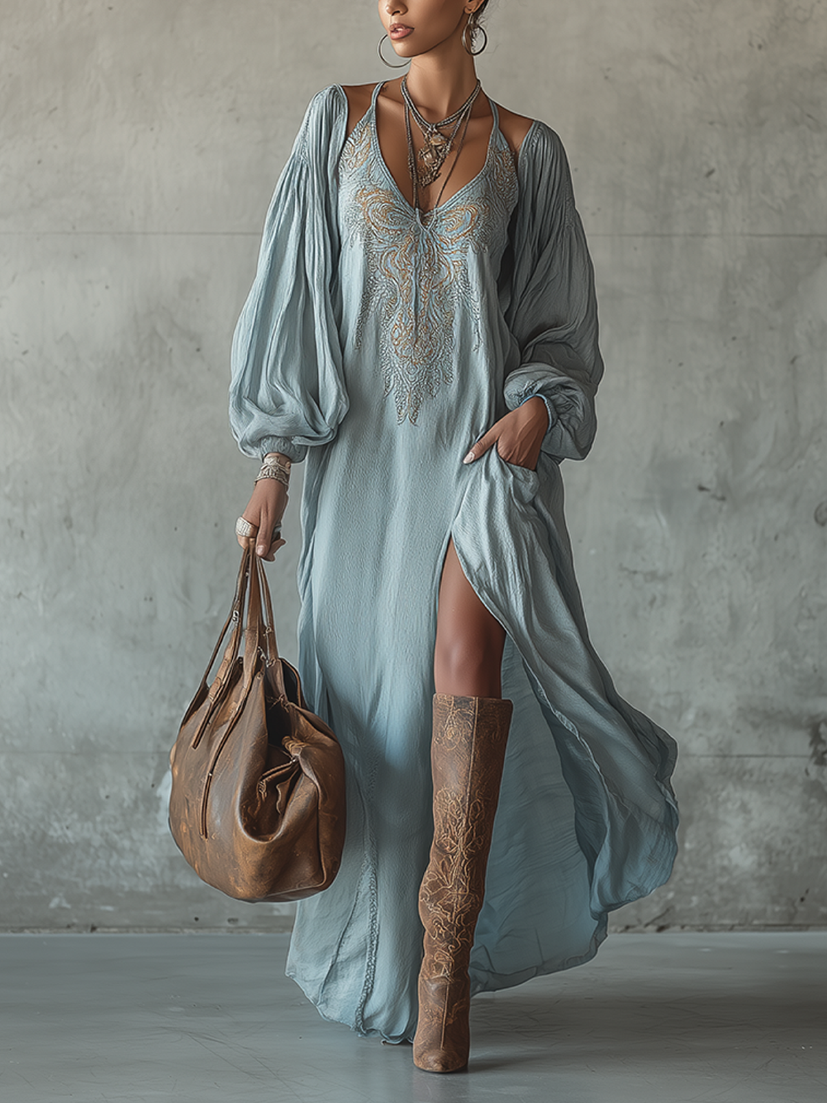 Blue Bohemian Embroidered Long Sleeve Maxi Dress