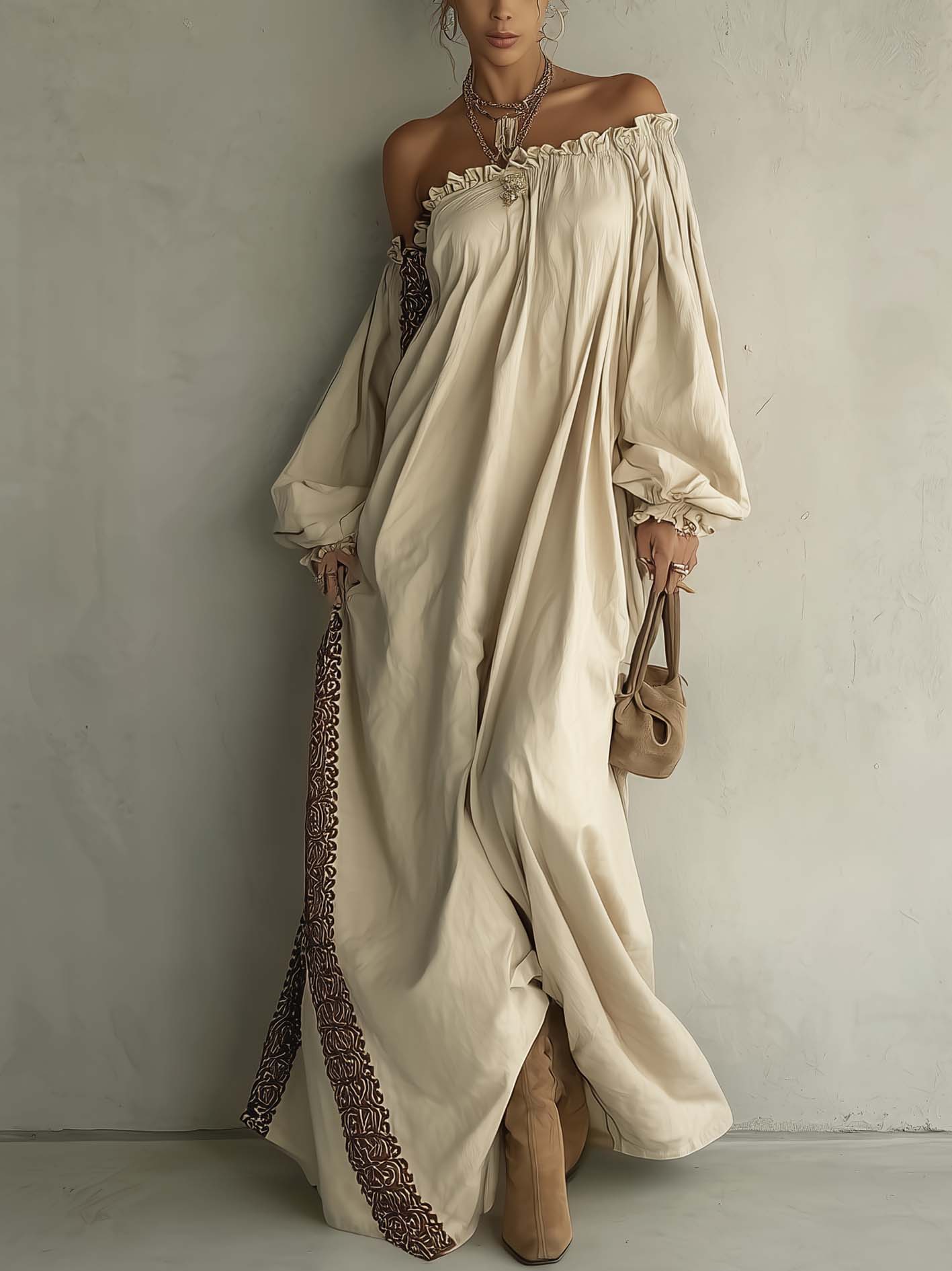 Beige Off Shoulder Cotton Linen Maxi Dress With Embroidered Trim