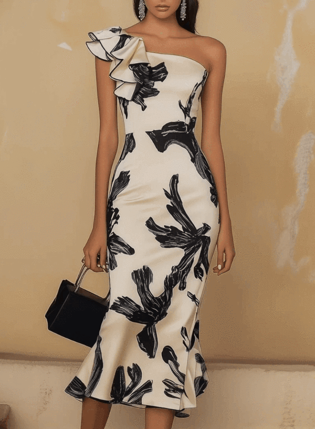 24-Hour-Shipping Off Shoulder Biege Midi Bodycon Dress With Black Elegant Print